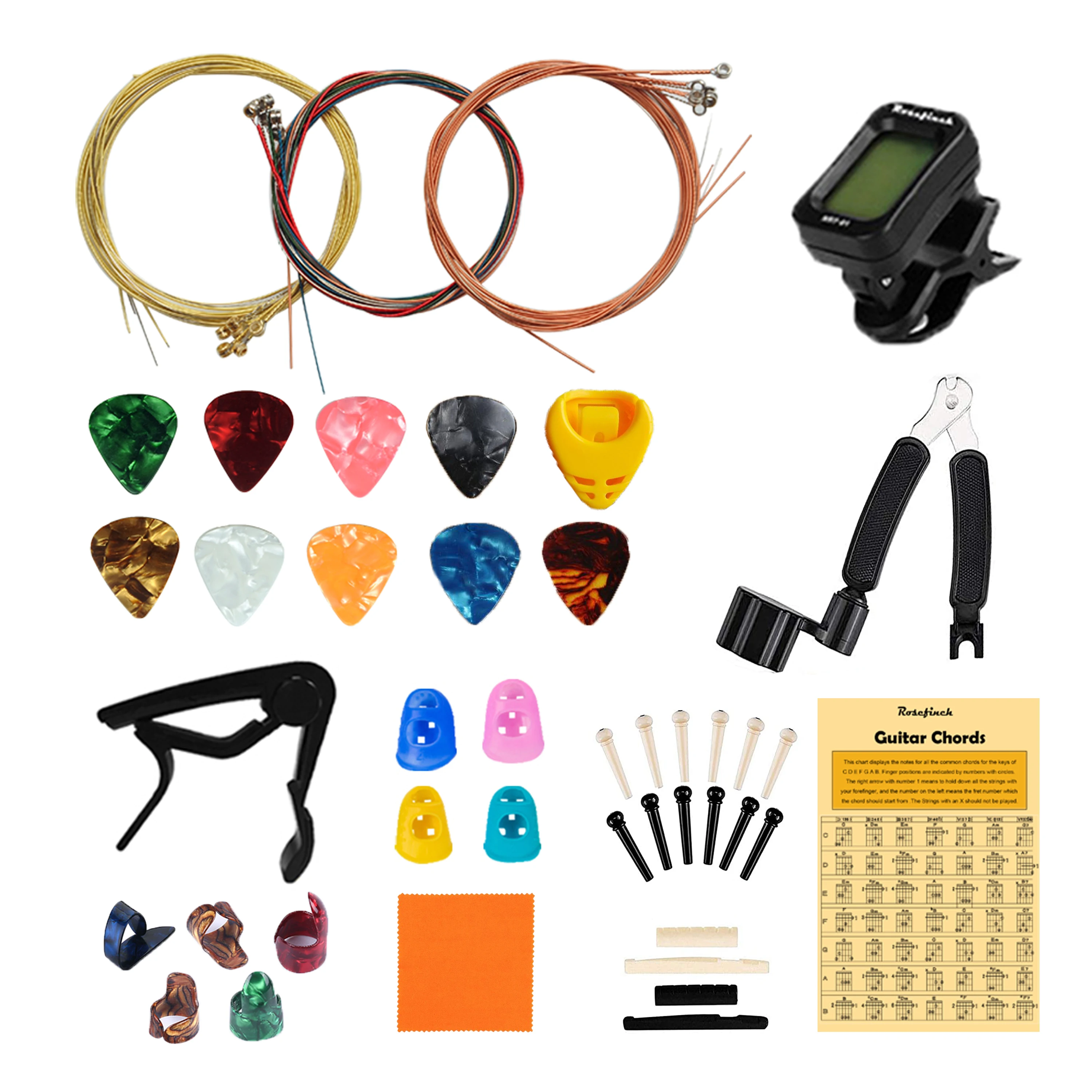 Rosefinch Accessories Kit 58 Pcs With Strings Winder Tuner Capo Cutter Bridge Pins Nuts Saddles Chord Agk01 - Parts & Accessories -