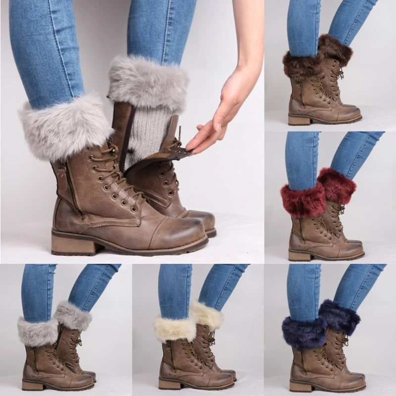 Women Girls Winter Warm Crochet Knit Boot Cuffs Topper Thicken Furry Plush Solid Color Stretchy Short Leg Warmers Socks