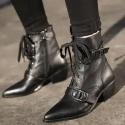 Черные кожаные ботинки martin с острым носком и перекрестной шнуровкой; Zapatos De Mujer; женская обувь с двумя металлическими пряжками; Botas на молнии