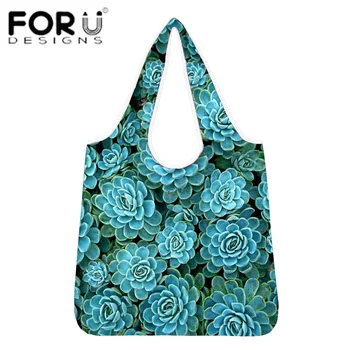 

FORUDESIGNS Reusable Grocery Foldable Shopping Bags For Women Colorful Succulent Plants One-shoulder Portable ECO Fabric Totebag