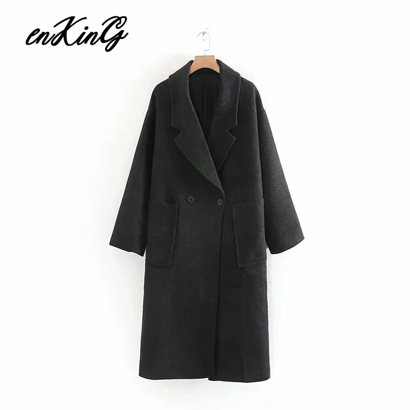 Зимний плащ-Тренч пальто ZA английский стиль простой в винтажном стиле свободные двубортное однотонное пальто длинное пальто шерстяное пальто для женщин - Цвет: Black