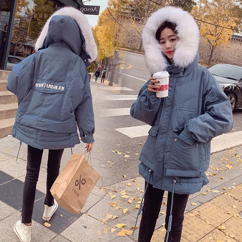 

Photo Shoot CHIC Elegant Off-white Mid-length Hooded Large Fur Collar Drawstring Waist Hugging Backpack Embroidered Cotton Coat