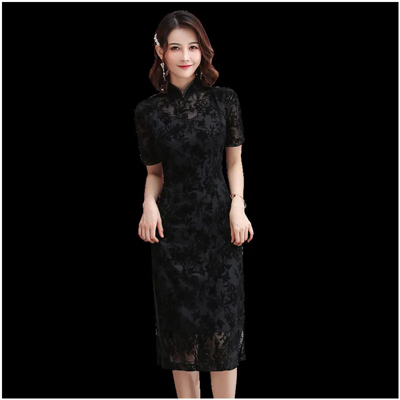 Cheongsam сексуальное женское черное новое платье с воротником-стойкой и коротким рукавом, Сетчатое повседневное кружевное элегантное женское платье в стиле ретро