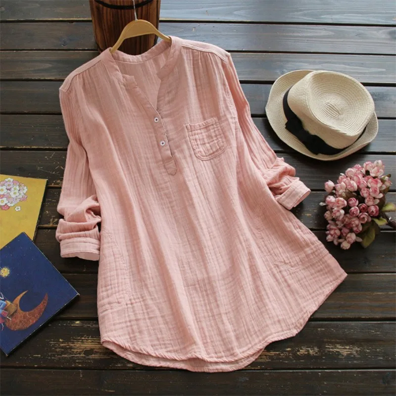 Льняная рубашка размера плюс, женская рубашка на пуговицах с длинным рукавом, свободные хлопковые блузки топы, Корейская женская одежда