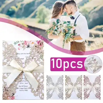 

10PCS Gold Blue Silver Glitter Paper Laser Cut Wedding Invitation Card With Ribbon Personalized Wedding Decor Party Supplies