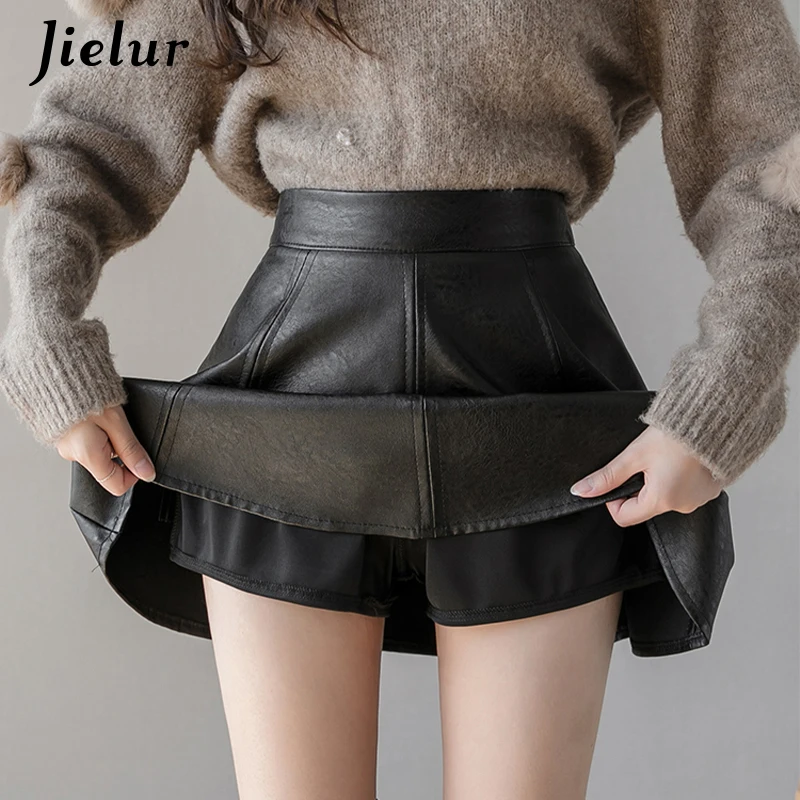 Jielur PU Pleated Skirt Autumn Women Solid Color Leather Winter Skirts Womens Slim High Waist Saia Faldas Chic Zipper Mini Skirt 2
