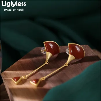 

Uglyless Simple Fashion Geometric Earrings for Women Fan Agate Earrings Triangle Brincos Gold Plated Real 925 Silver Jewel E1347
