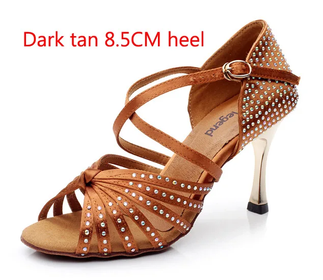 Dark tan 8.5cm Heel Сатиновые стразы на высоком каблуке 8,5 см; обувь для латинских танцев; женская обувь для бальных танцев; сандалии для девочек; Сальса; Танго; цвет черный, темно-коричневый - Цвет: Dark tan 8.5cm Heel