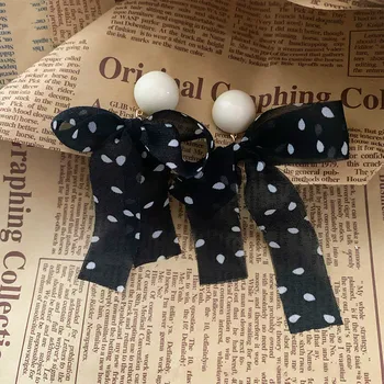 

Black and White Polka Dot Bow Earrings Long Style for Women Elegant Temperament Statement Earrings 2020