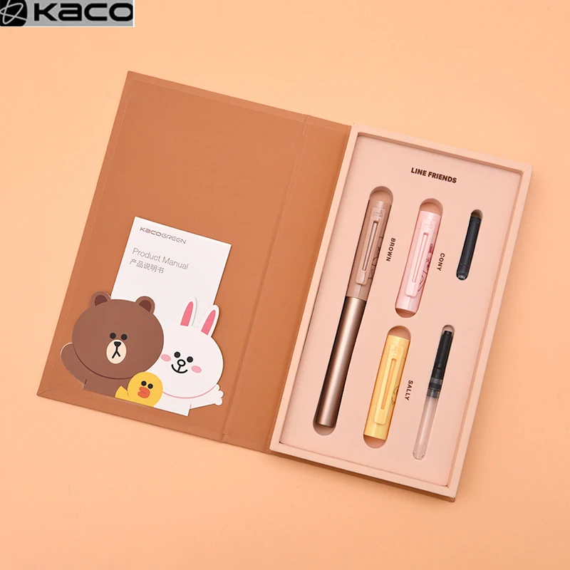 

Luxury Kaco Fountain Pen Cartoon Kacogreen Metal LINE FRIENDS Pens Gift Box for Financial office Student School Stationery pens