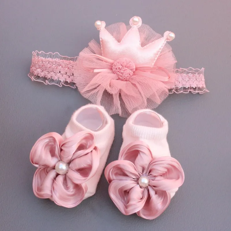 Elastic Bab Headband Socks Set 2 Pcs/Set Lace Flower Newborn Girl Short Socks Bow Crown Infant Baby Turban