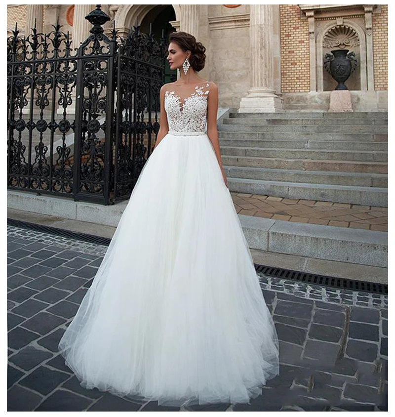 

Wedding Dress 2019 Beach Bridal Gown O neck Tulle Lace Appliques marriage Dresses White/lvory Romantic Buttons vestido de noiva