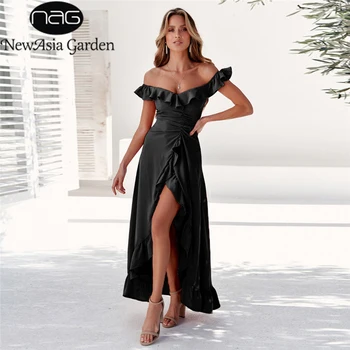 

NewAsia Garden Ruffle Dress Black Solid Split Long Dress Butterfly Sleeve Ruched V-neck Sexy Dress Women High Waist Vestidos