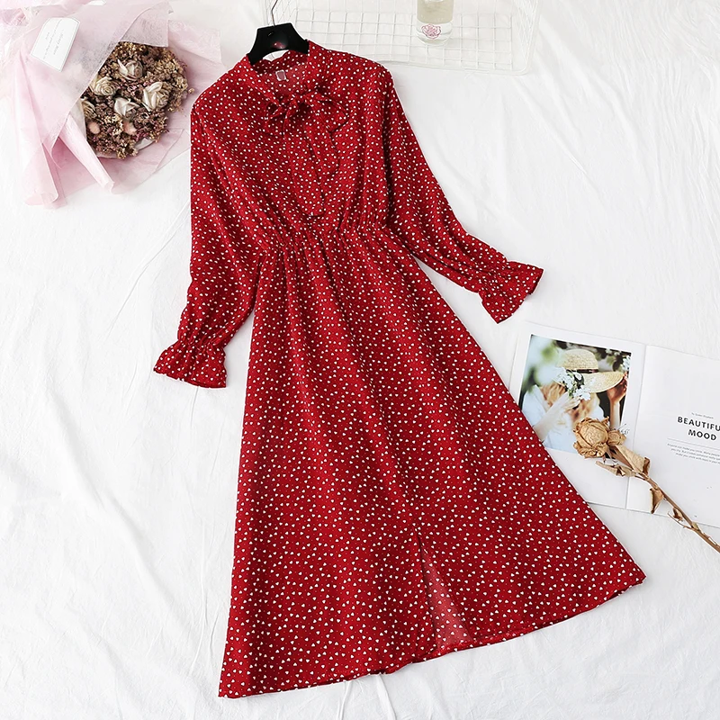 Женское шифоновое платье рубашка в горошек с длинным рукавом|Платья| |