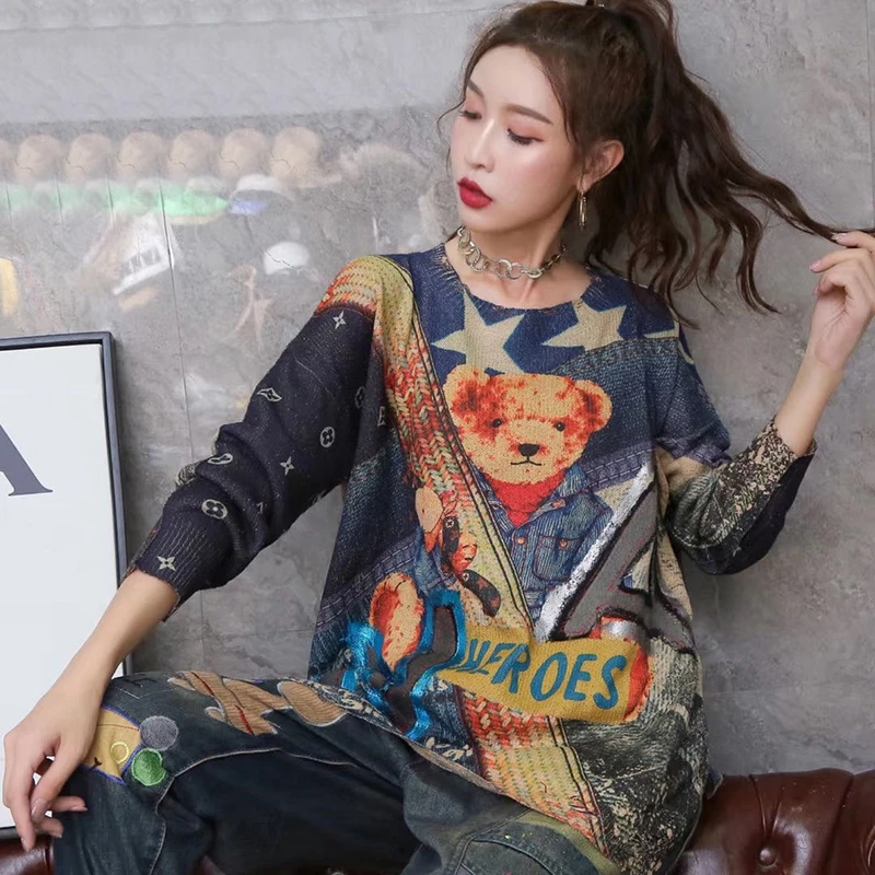 

Hip Hop Style Letter Bronzing Knitted Pullover Elegant 2020 Autumn Korea Fashion Casual Loose Sweater Top Tide