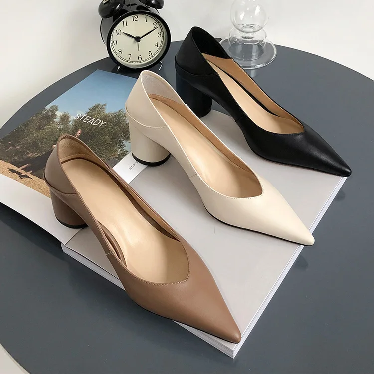 

Genuine Leather Pointed Toe Chunky Heel Double Purpose Shoes Women's 2020 Spring New Style Elegant Work Shoes High Heel Shoes