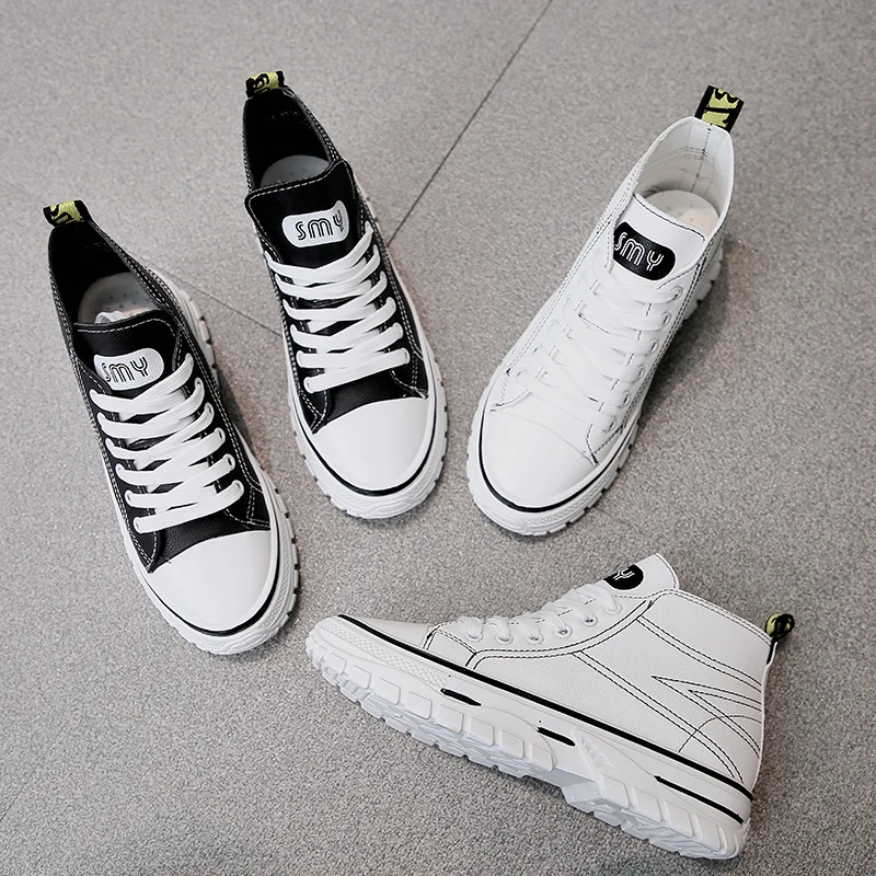 

2020 Spring Women Canvas Shoes Lace-up Black Casual Solid Vulcanize Sewing Basket Sewing Sneakers Zapatos Leopardo Mujer W31-28