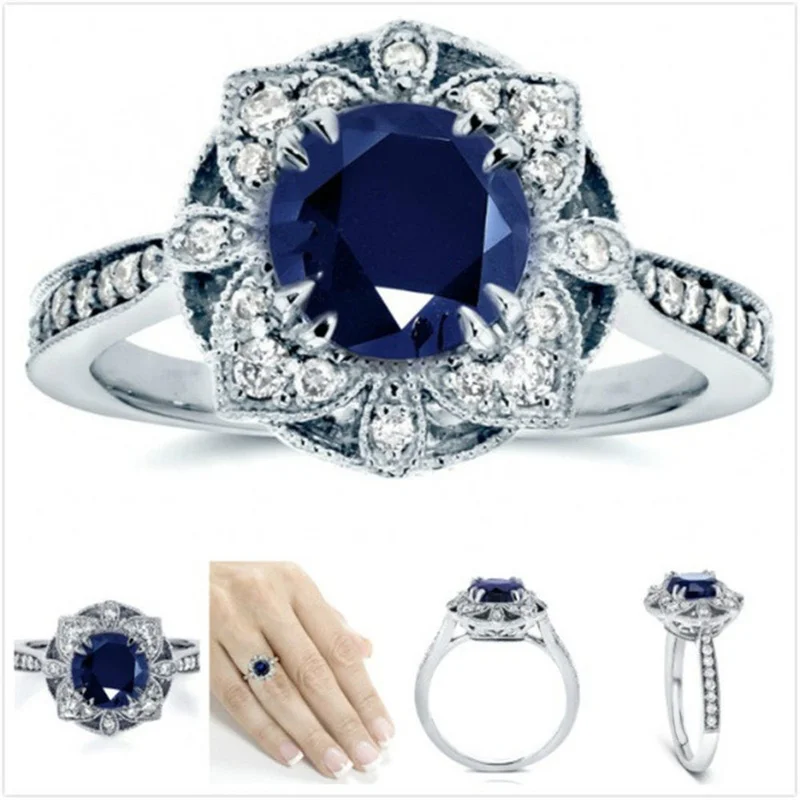 Женское кольцо, Ювелирное кольцо, серебряное кольцо из нержавеющей стали, модная пара, синий циркон, черные кольца из вольфрама, титан B2507