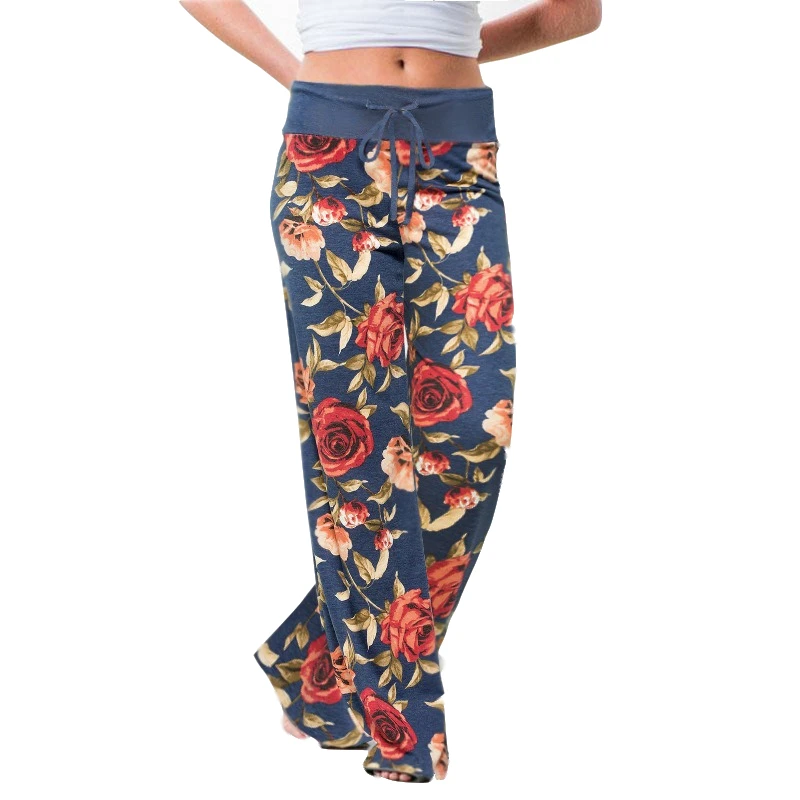 

2019 Spring Autumn Floral Print Straight Long Pants Women Casual Loose Lace Up High Waist Wide Leg Trouser Female Sweat Pants XL