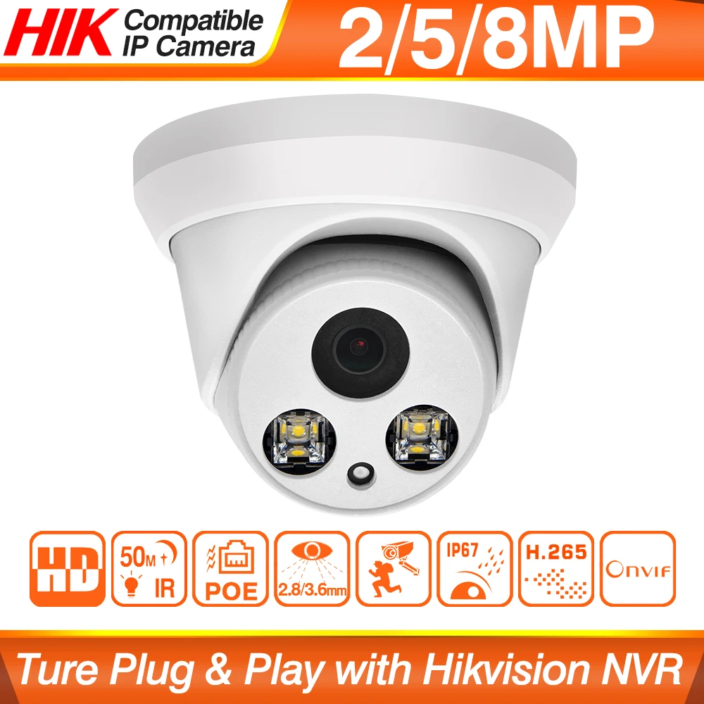 Hikvision Compatible 5MP Dome POE IP Camera 8MP Home Security CCTV Camera 1080P IR 50m ONVIF H.265 P2P Plug&play Security IPC