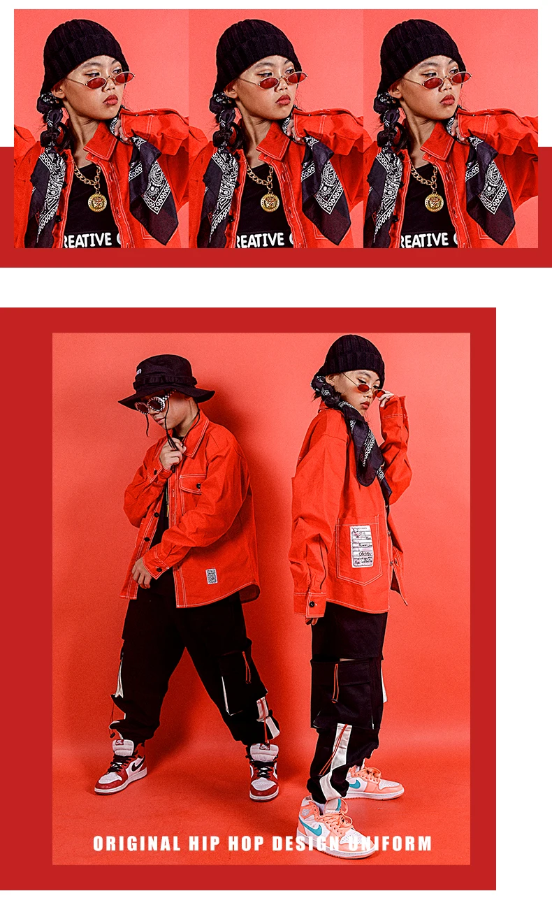 Hip Hop Costumes Street Dance Set Boys Red Shirt Girls Modern Performance Clothing Jazz Cheerleader Stage Rave Outfit Kid DN4624