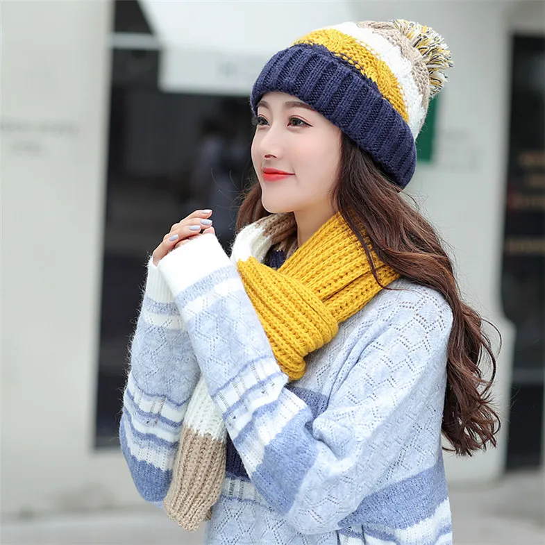 Yellow Двухсекционная зимняя вязаная шапка ScarfWomen, бархатные шапки бини, женская теплая шерстяная шапка с помпонами, милые вязаные женские шапки с наушниками - Цвет: Yellow