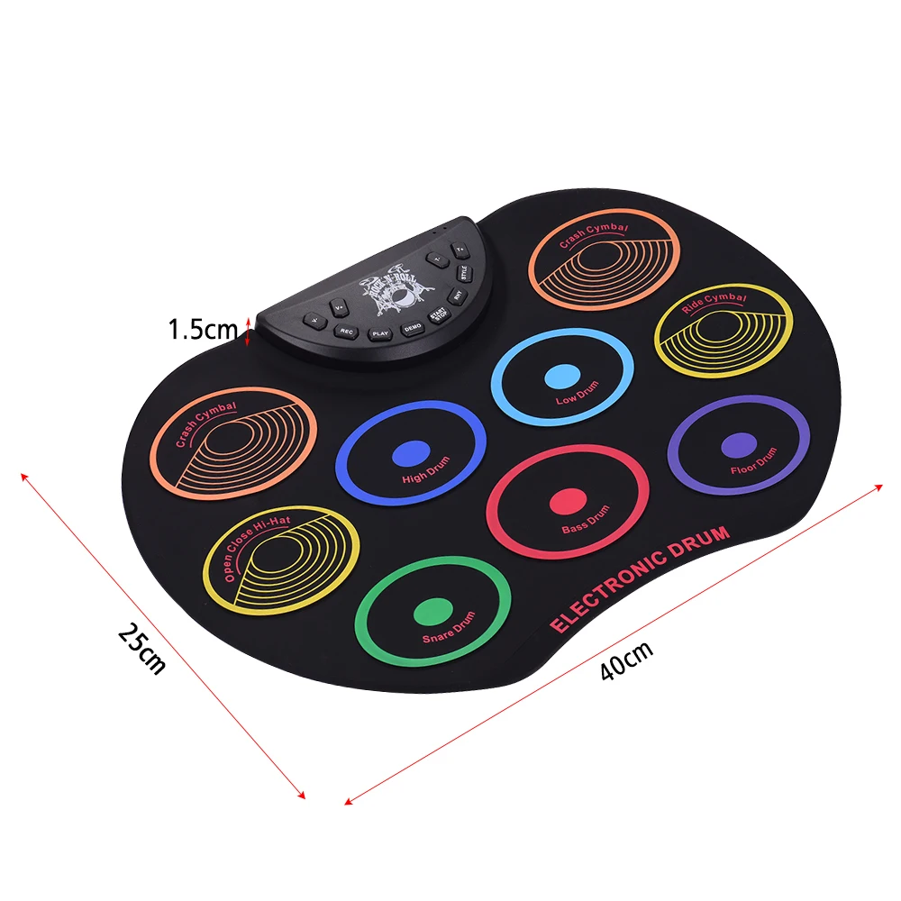 Портативный размер набор электронных ударных 9 силиконовых барабанных подушечек ролл-ап барабанная установка USB/на батарейках барабанные палочки, ножные педали