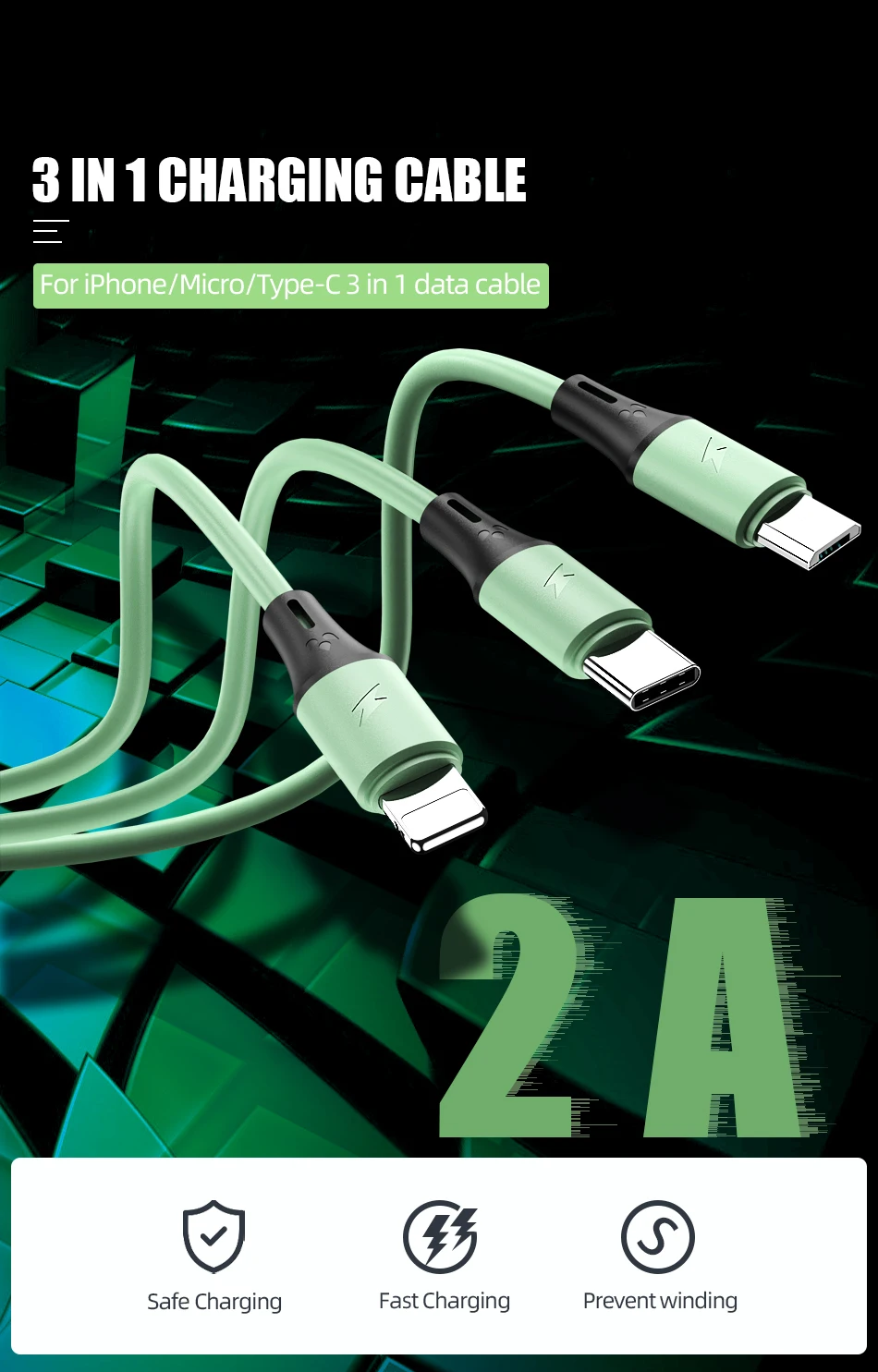 !ACCEZZ 3 in 1 USB Cable For iPhone 11 XS Pro Max 8 Plus Samsung S10 Xiaomi Redmi Note 5 USB C 8 Pin Android Charging Cable Cord (1)