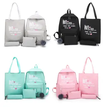 

THINKTHENDO 4Pcs Cute Letter Prints Canvas School Rucksack Backpack Daypack Set for Girls Teenager Bookbag