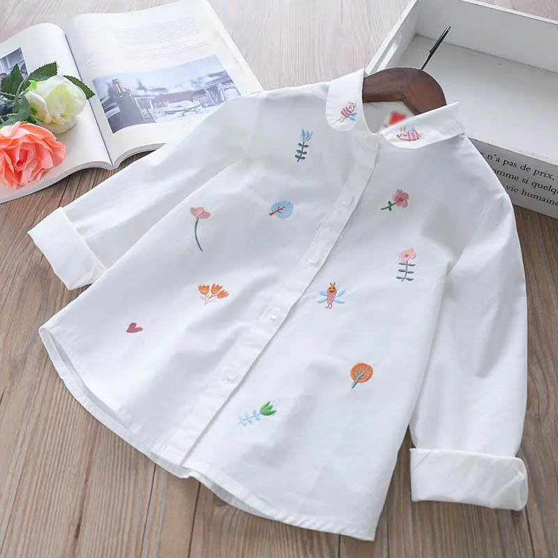 100% cotton White Girls Blouses Long Sleeve Autumn Kids Clothes Girls 8 10 12 Cartoon Fox Embroidery Tops School Shirts