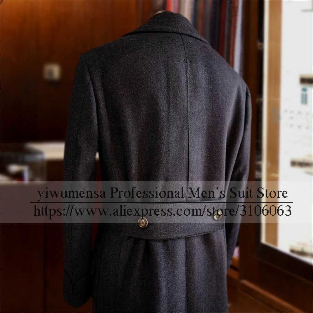 Classic Woolen Suit JacketsBlack/Navy Tweed Blend Trench Coat Long Design Last Double Breasted Overcoat Wedding Groom Tuxedo