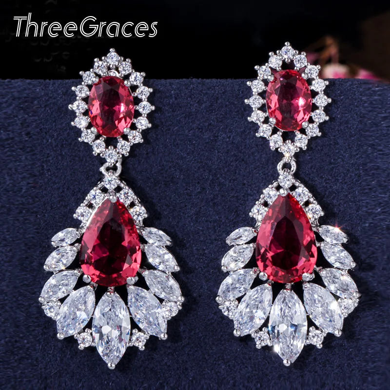 Женские винтажные серьги подвески ThreeGraces длинные с фианитом и глубоким красным