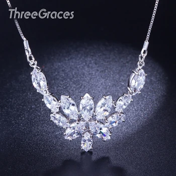 

ThreeGraces Elegant Marquise-Cut Cubic Zirconia Bridal Wedding Pendant Necklace Jewelry For Women Accessories PN036
