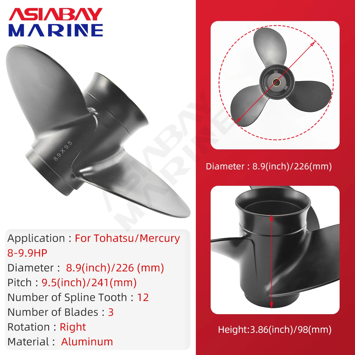 8.9 * 9.5 For Tohatsu Mercury 3B2B64519-1 8hp 9.9 hp Marine Propeller Outboard Aluminum Alloy Screw 12 Spline Boat Part Marine Propeller