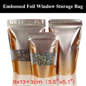 

50pcs 9x13+3cm (3.5"x5.1") 160micron Embossed Matt Gold Aluminium Foil Window Ziplock Bag Moisture-proof Resealable Storage Bag