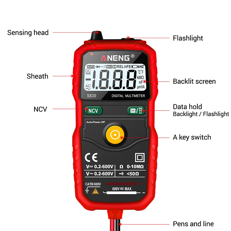 ANENG S830 Автоматический цифровой мультиметр тестер DC/AC Измеритель напряжения Сопротивление Частота измеритель емкости ЖК-дисплей HR