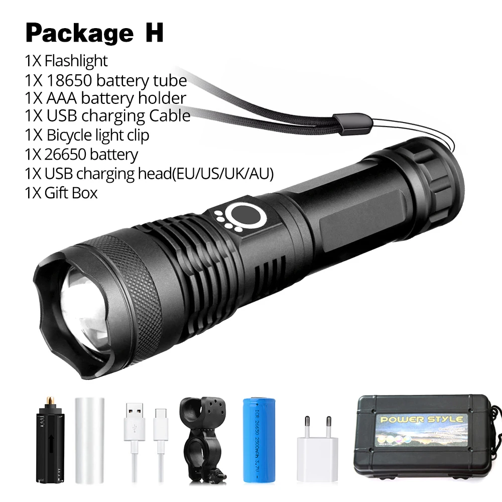 Package H XHP50 Светодиодный велосипедный фонарик 5 режим USB зарядки телескопический зум с использованием 18650 или 26650 - Цвет: Package H