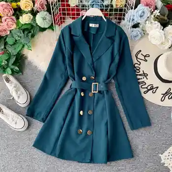 

NiceMix Fashion Turn-down Collar Long Sleeve Dress 2019 Spring Autumn Women Double-breasted Slim Medium Long Pleated Dresses Wit