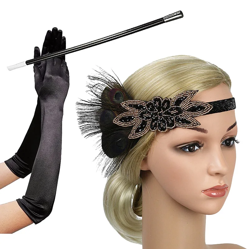 Women Great Gatsby Party Costume Accessories Set 1920s Flapper Accessories Feather Headband Gloves Cigarette Holder cosplay hats anime hair accessories 3 Pack