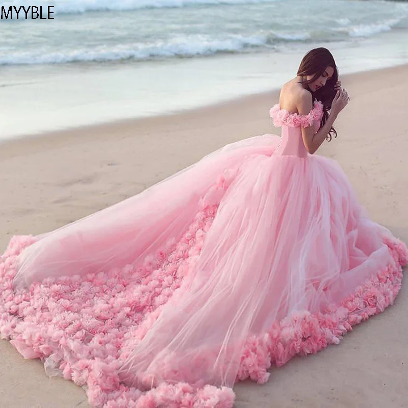 MYYBLE Розовое Бальное Платье принцессы Золушки с 3D цветком с открытыми плечами элегантное вечернее платье, тюль, милое 16 платье