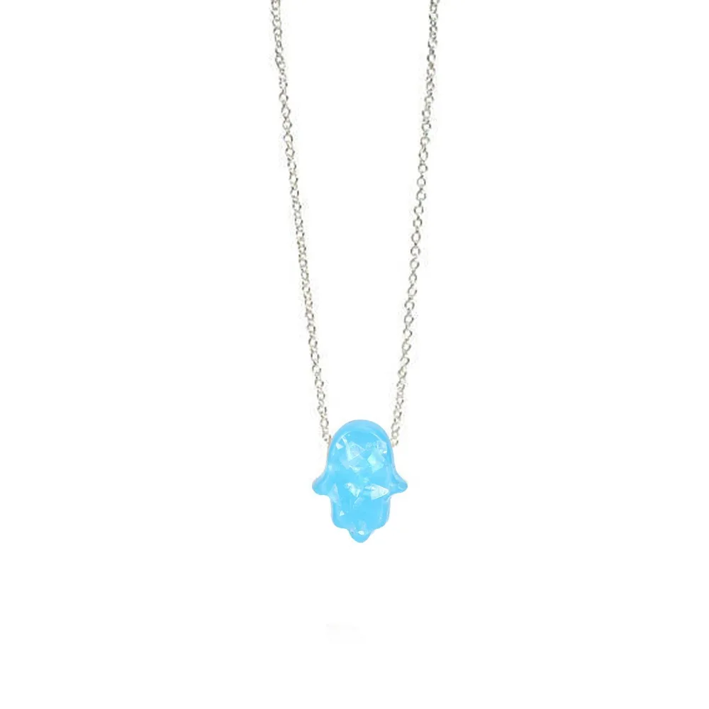 Fashion White Blue Opal Hamsa Necklace 