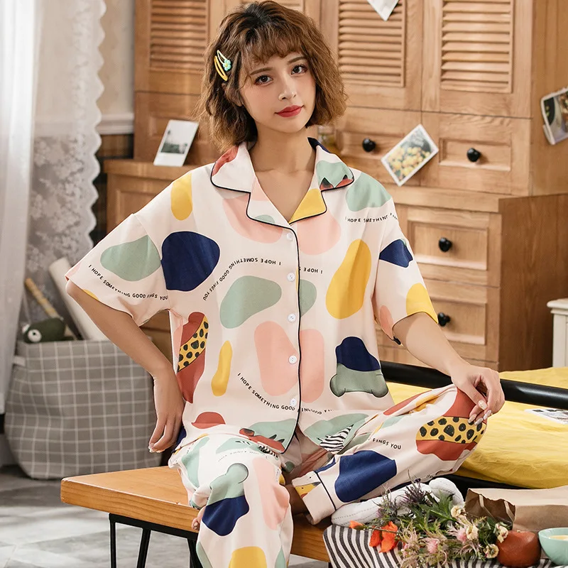 

Peach Scent Spring Summer Casual Short Sleeve Trousers Fold-down Collar Knit Cotton Cardigan Home Two-Piece Pajamas