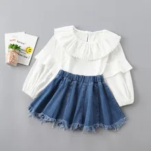 Новая Осенняя модная Однотонная рубашка на тесемках+ джинсовая юбка детская одежда От 0 до 6 лет комплекты одежды высокого качества для девочек