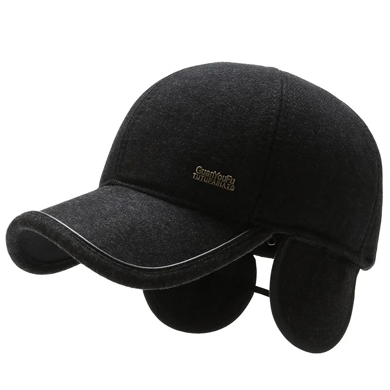 

Menâ€™s Wool Baseball Caps For Winter With Warm Ear-flaps Adult male Dad Solid Color Hat Adjustable Size For Autumn Luxury Brand