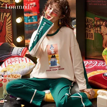 

Women's Pajamas Set Spring and Autumn New Thin Knitted Cotton Cartoon Print Long Sleeve Cute Pajamas Casual Home Service Pajamas