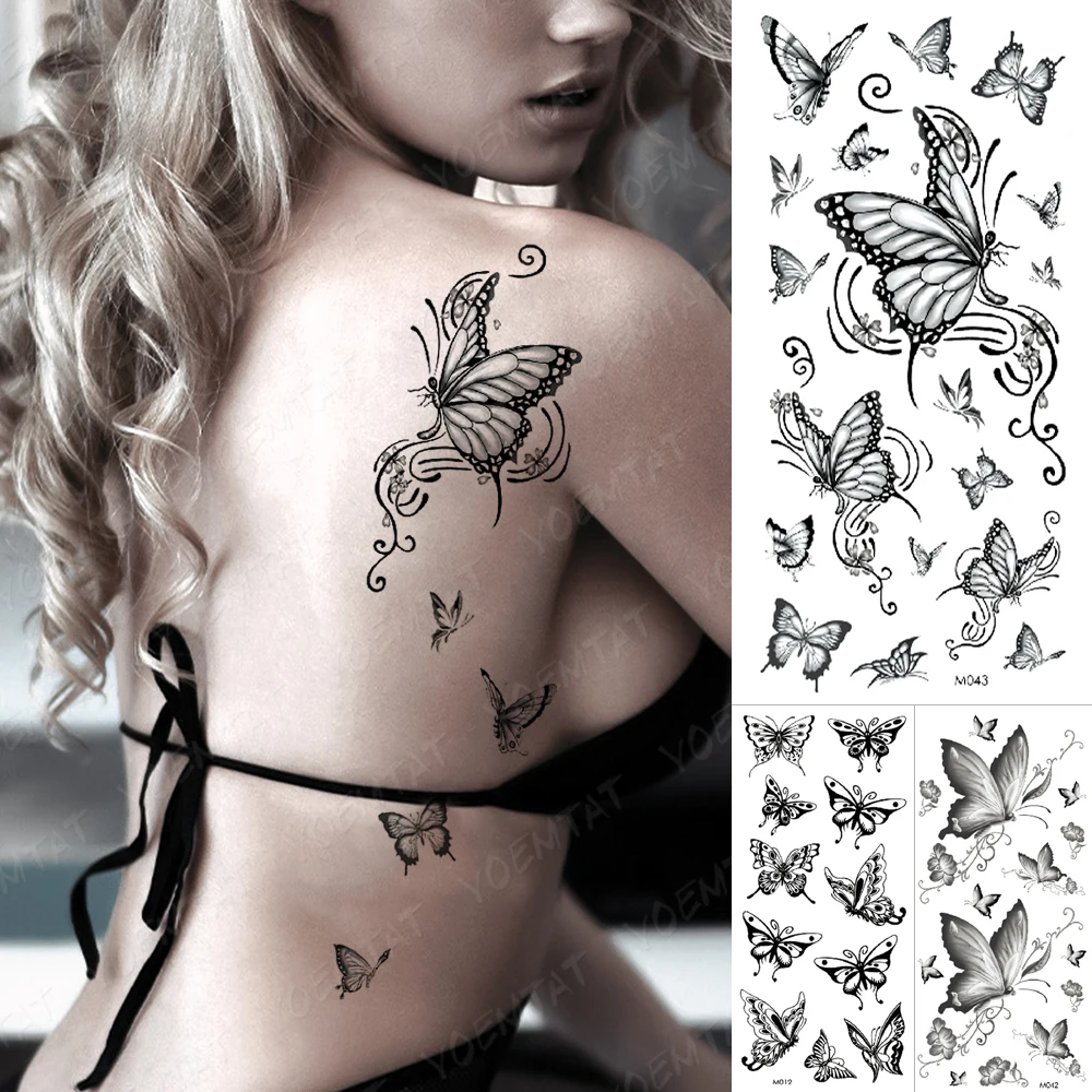 Temporary Tattoos Dark Butterfly Sexy Waterproof Temporary Tattoo Sticker India Women Back Waist Flash Tatoo Girl Body Art Fake Tattoos Realistic