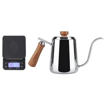 

1 Pcs 600Ml Stainless Steel Wooden Handle Drip Coffee Pot & 1 Set Electronic Digital Coffee Scale 6.6Lb / 3Kg