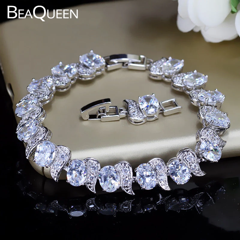 BeaQueen Shining Oval Round Cubic Zirconia Paved Crystal Charm Bracelets for Women Wedding Party Jewelry Accessories B010 | Украшения и
