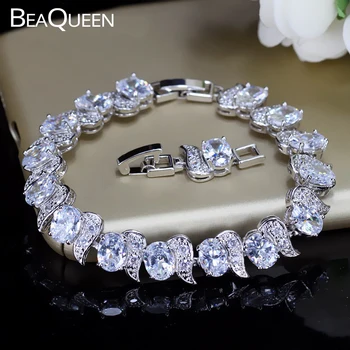 

BeaQueen Shining Oval Round Cubic Zirconia Paved Crystal Charm Bracelets for Women Wedding Party Jewelry Accessories B010