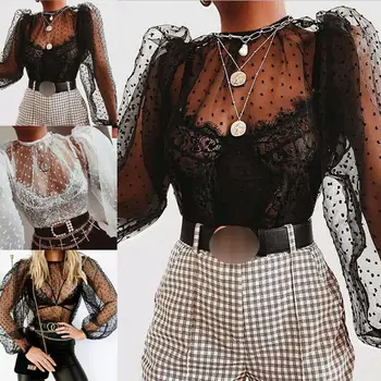 

Fashion Women Transparent Mesh Sheer Tops Brand New Ladies Long Sleeve T-Shirt Tee Tops